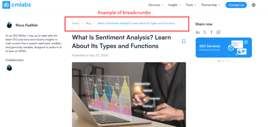 An example of good website architecture from cmlabs featuring breadcrumbs