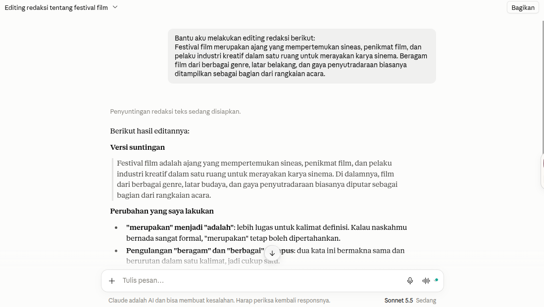 Hasil riset yang ditampilkan pada Claude