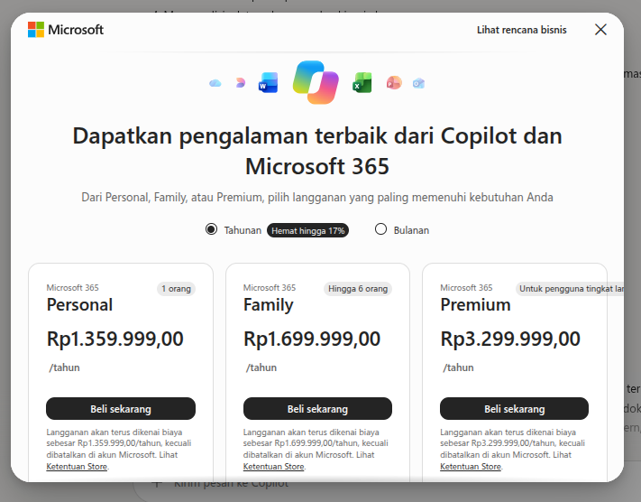Harga paket Microsoft Copilot