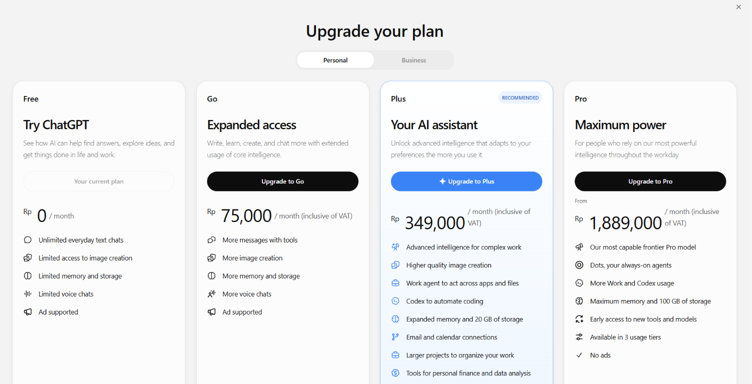 ChatGPT plan prices