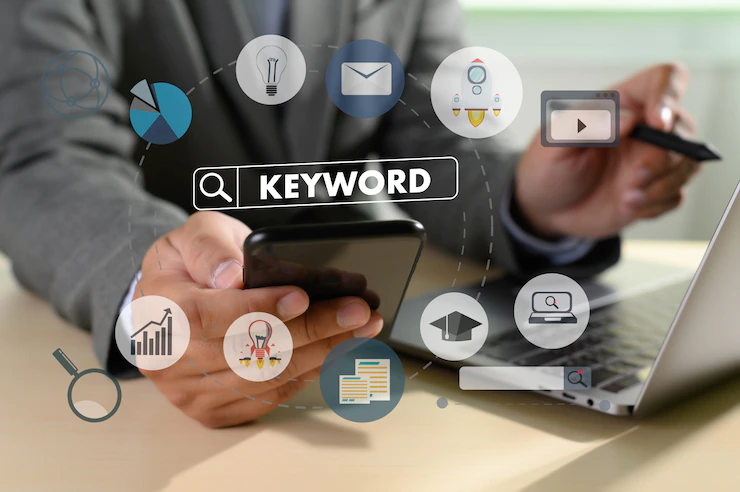 illustration of keywords as the main thing in on-page SEO. A man holding a phone and pointing at the laptop