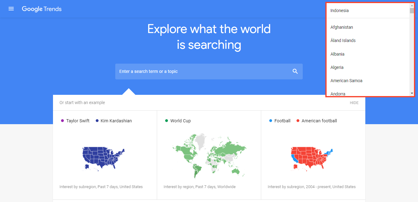 List of selected countries that can be used as target markets. The search trend results from the keywords and topics searched will be adjusted according to the country.